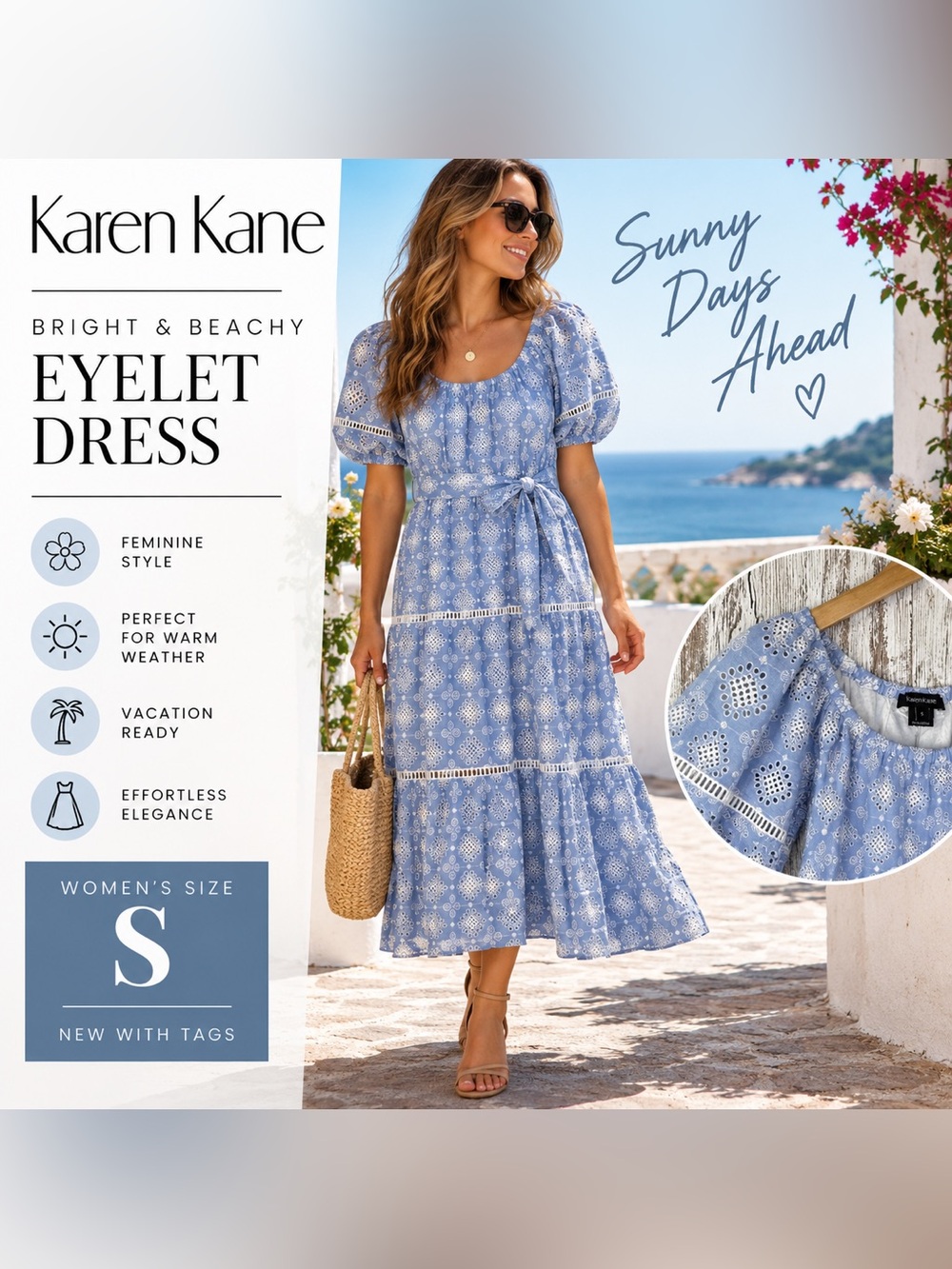 Karen Kane Bright & Beachy Blue Eyelet Midi Dress Women’s Size S NWT